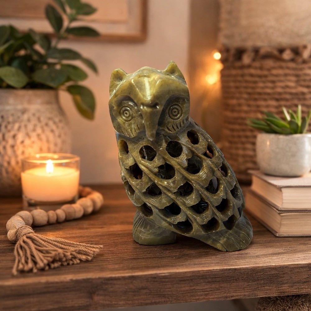 Hand Carved Soapstone Owl Sculpture Mother & Baby Figurine India Folk Art 4.5"